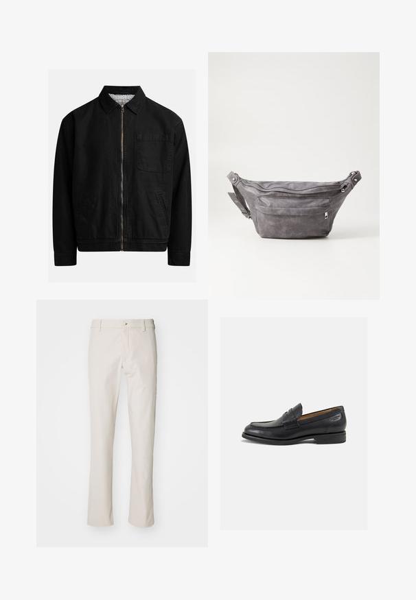 Crna jakna sa zatvaračem, ovratnikom, jednim džepom na prsima, dva bočna džepa i mekanim, teksturiranim unutarnjim postavom.; Tamnozeleni dukserica od mekog materijala, s kengur džepom, podešavanjima na kapuljači i bijelim logotipom na lijevoj strani prsnog područja.; DOCKERS GO AIRWEAVE - Chino hlače - sahara khaki; Crne kožne loferice s glatkom površinom, zaobljenim vrhom i dekorativnim šavom na gornjem dijelu. Nizak potplat s malim potpeticama i blagi sjaj.; Siva zamšasta torbica preko struka sa zaobljenim oblikom, dva zip zatvorena odjeljka i podesivim remenom. Sadrži metalne naglaske.