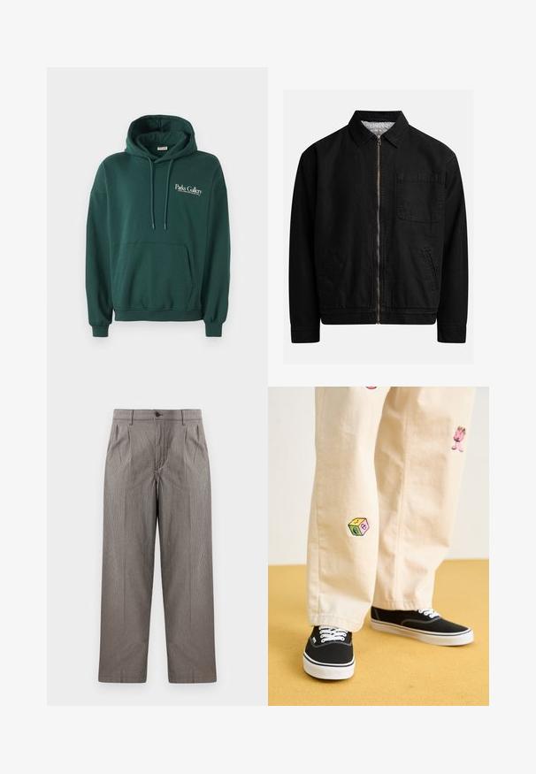 Casaco preto com fecho de correr, colarinho, um bolso no peito, dois bolsos laterais e um forro interior macio e texturizado.; Cachecol escuro verde feito de tecido suave, com um bolso canguru, cordões e logotipo em texto branco na área do peito esquerdo.; Calças de padrão cinza em houndstooth com um design de perna reta, apresentando pregas, uma cintura com fecho de botão e bolsos laterais.; Calças de algodão bege com desenhos bordados divertidos, incluindo uma personagem rosa e um bloco colorido, combinadas com sapatilhas pretas de atacadores.