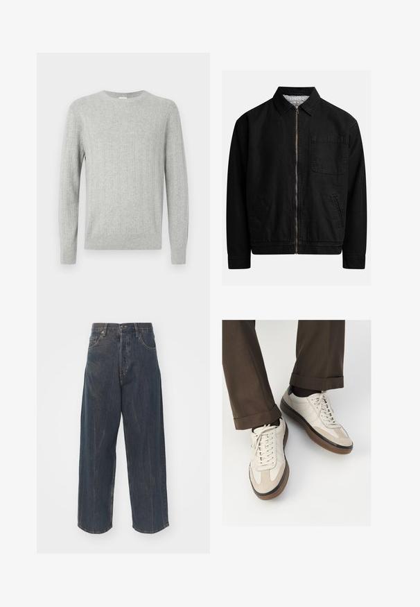 Casaco preto com fecho de correr, colarinho, um bolso no peito, dois bolsos laterais e um forro interior macio e texturizado.; Suéter de malha cinza claro com textura canelada, gola redonda e mangas longas. Design simples, com bainha reta e material durável.; Calças de ganga largas de cor azul escuro com uma textura de desgaste subtil, cinco bolsos e um fecho clássico de botão e zíper na cintura.; Tênis bege com frente em camurça texturizada, lados em couro liso e sola em borracha marrom. Inclui cadarços e detalhes de costura clara.