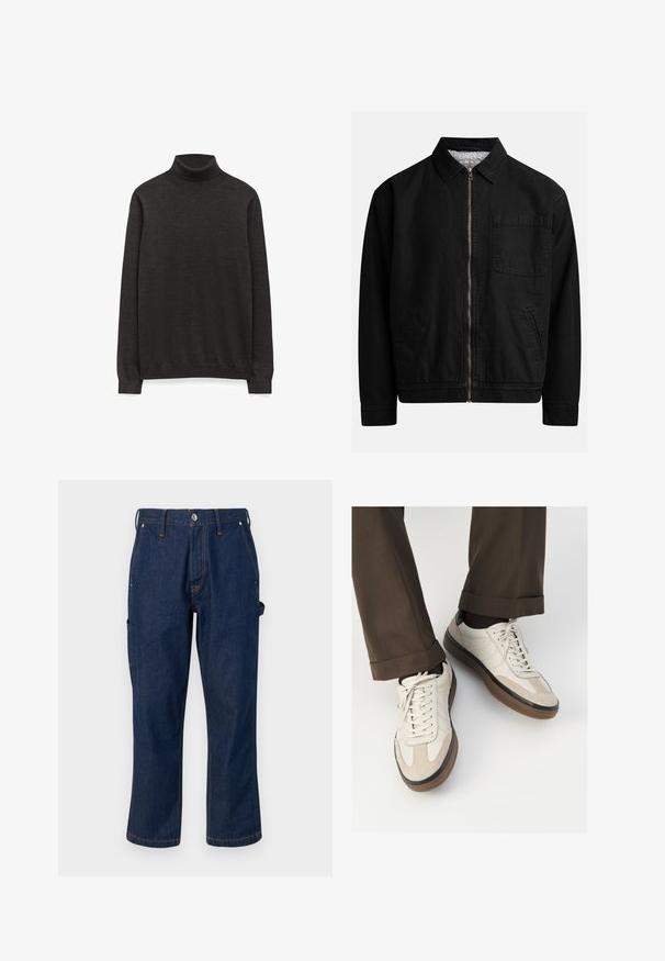 Czarna kurtka zapinana na zamek z kołnierzem, jednym kieszonką na piersi, dwoma kieszeniami bocznymi oraz miękką, teksturowaną podszewką.; Ciemnoszary sweter z golfem, wykonany z miękkiej dzianiny, z długimi rękawami i dopasowanym krojem, bez widocznych logo.; Granatowe dżinsy z prostymi nogawkami, z kontrastowymi pomarańczowymi szwami i bocznymi kieszeniami, zapinane na metalowy guzik.; Beżowe sneakersy z teksturowanym zamszowym przodem, gładkimi skórzanymi bokami i brązową gumową podeszwą. Zawierają sznurówki oraz subtelne detale w dwóch kolorach.