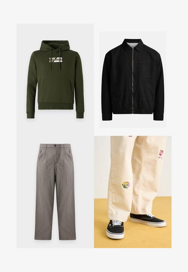 Črna jakna na zadrgo s ovratnikom, enim žepom na prsih, dvema stranskima žepoma in mehkim, strukturiranim notranjim podloženjem.; Olivno zeleno hooded jopico iz mehkega materiala, s sprednjim kenguru žepom, rebrastimi manšetami in vrvico, na prsih pa je bela znamka.; Hlače z grafičnim vzorcem houndstooth v sivi barvi, ravno krojene, z naborki, pasom z gumbom ter stranskimi žepi.; Bežna bombažna hlače z igrivimi vezeninami, ki vključujejo roza lik in barvni blok, v kombinaciji s črnimi čipkastimi športnimi copati.