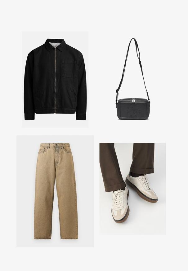 Czarna kurtka zapinana na zamek z kołnierzem, jednym kieszonką na piersi, dwoma kieszeniami bocznymi oraz miękką, teksturowaną podszewką.; Kremowa bawełniana koszulka z krótkim rękawem, z okrągłym dekoltem ozdobionym granatowymi i białymi paskami. Gładka tekstura, luźny krój.; Beżowe dżinsy z prostymi nogawkami, z zapięciem na zamek, szlufkami na pasek i kontrastowym przeszyciem. Brak widocznych wzorów lub detali metalowych.; Beżowe sneakersy z teksturowanym zamszowym przodem, gładkimi skórzanymi bokami i brązową gumową podeszwą. Zawierają sznurówki oraz subtelne detale w dwóch kolorach.; Czarna skórzana torba na ramię z zamkiem błyskawicznym, wytłoczone logo na przodzie i regulowanym paskiem. Gładka tekstura w prostokątnym kształcie.
