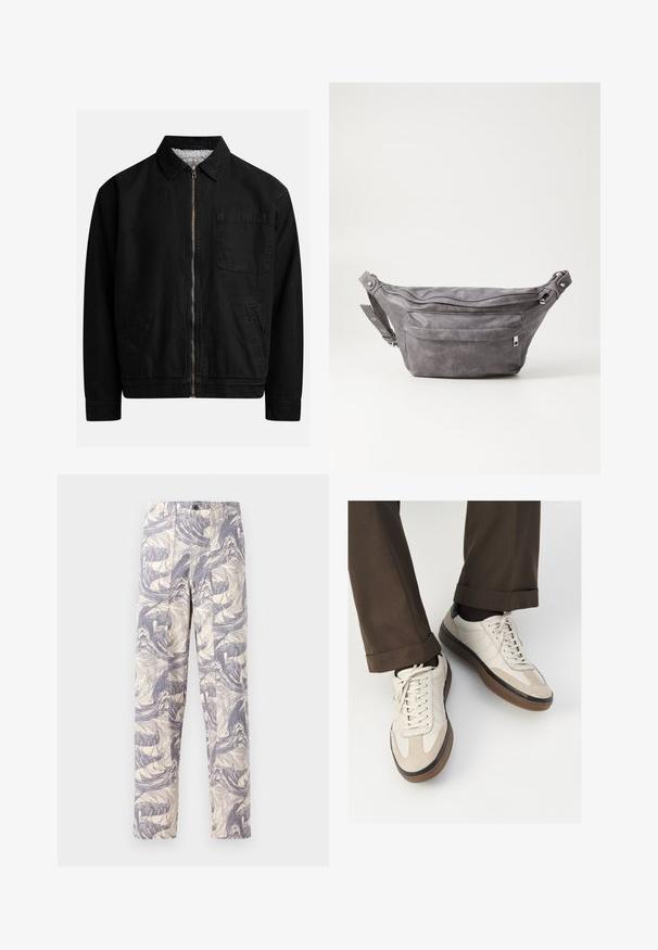 Chaqueta negra con cremallera y cuello, un bolsillo en el pecho, dos bolsillos laterales y un forro interior suave y texturado.; Camiseta de algodón color crema con mangas cortas, que presenta un escote redondo acentuado por franjas en navy y blanco. Textura suave, corte relajado.; Pantalones cremosos ligeros con un patrón abstracto de olas azules. Tienen un corte recto, con dos pliegues frontales y un cierre de botón.; Zapatillas beige con un frente de ante texturizado, lados de cuero liso y suela de goma marrón. Incluyen cordones y un detalle de costura ligera.; Riñonera de ante gris con forma redondeada, dos compartimentos con cremallera y correa ajustable. Presenta acentos de metal.