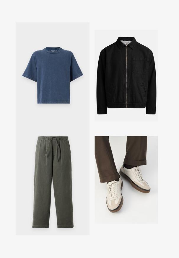 Mustat vetoketjullinen takki, jossa on kaulus, yksi rintatasku, kaksi sivutaskua ja pehmeä, teksturoitu sisävuori.; Puuvillainen t-paita tummansinisenä, jossa on pyöreä kaula-aukko, lyhyet hihat ja rento istuvuus. Pehmeä pinta ja siisti ompelu.; Tumman oliivinvihreät, kiristysnyöri-vyötäröhousut, jotka on valmistettu kevyestä kankaasta. Rentoa istuvuutta ja suorat lahkeet, ilman näkyviä taskuja tai koristeita.; Beige tennarit, joissa on teksturoidut mokkasiinimaiset etuosat, sileät nahkasaumat ja ruskea kumipohja. Narut ja vaaleat ompelutiedot mukana.