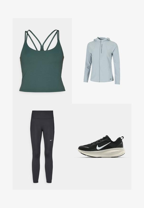 Giacca con cappuccio zip-up Under Armour grigio chiaro con maniche lunghe, polsini elastici e logo verticale nell'area della zip anteriore.; Fabletics PRINCIPAL BUILT IN BRA TANK - Top - everpine; Leggings neri realizzati in tessuto elasticizzato, con una vita alta e un logo Nike bianco sulla coscia sinistra. Tessuto liscio, design aderente.; Scarpa da corsa nera Nike con tomaia in rete traspirante, logo Swoosh bianco, dettagli testurizzati e intersuola ZoomX di colore crema.