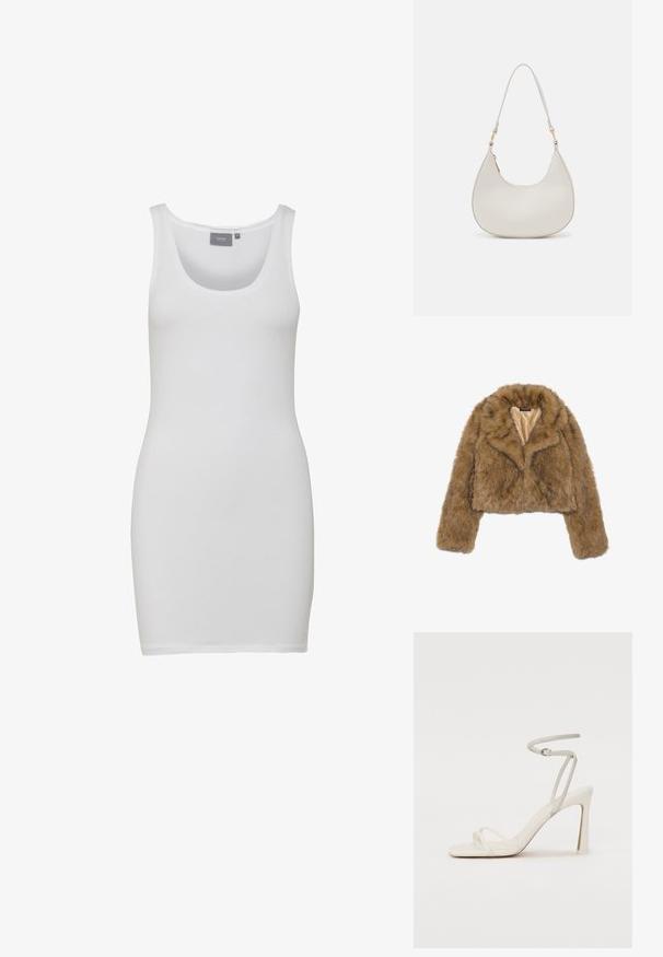 Veste courte en fausse fourrure marron avec des manches longues et un large col. L'intérieur est doublé d'un tissu lisse de couleur claire.; Robe débardeur blanche avec un col rond, fabriquée en tissu lisse et extensible. Design sans manches avec une silhouette ajustée atteignant le milieu de la cuisse.; Sandale à talon blanche avec une fine lanière de cheville et deux lanières à l'avant. Texture en cuir lisse avec un orteil carré et un talon brillant.; Sac épaule en cuir crème en forme de croissant, avec une fine sangle et des détails de coutures subtils. Design minimaliste avec des accents en métal doré.