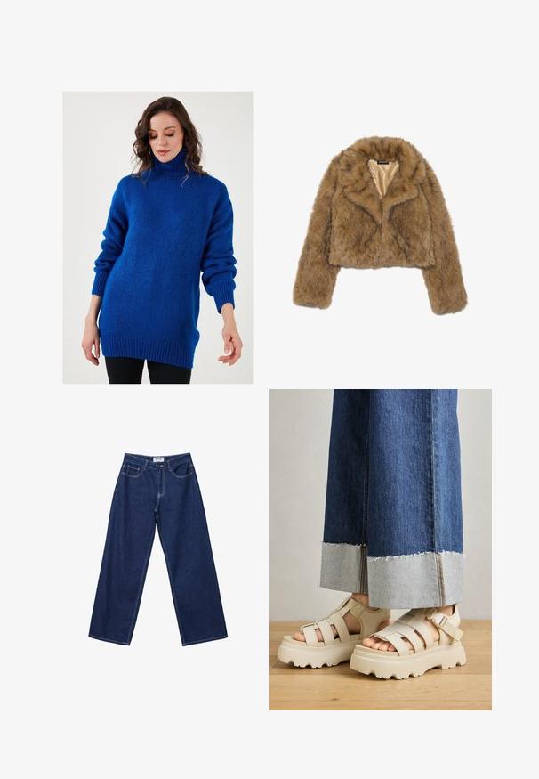Hnědý umělý kožešinový zkrácený kabát s dlouhými rukávy a širokým límcem. Interiér je podšit jemnou, světlou tkaninou.; Modrý rolák vyrobený z měkké, texturované látky, s kleslými rameny, žebrovanými manžetami a volným střihem.; Široké tmavě modré džíny z denimu s knoflíkovým zapínáním, pěti kapsami a kontrastním bílým šitím. Tkanina má hladký, mírně texturovaný povrch.; Béžové platformové sandály s tlustými podešvemi mají páskový design a nastavitelné kotníkové pásky. Jsou nošeny s širokými džínovými kalhotami, přičemž jedna nohavice je roztrhaná.