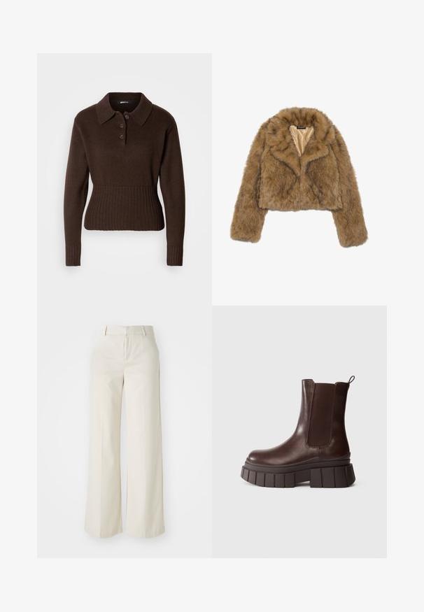 Barna műszőrme cropped dzseki hosszú ujjakkal és széles gallérral. A bélés sima, világos színű anyaggal van bélelve.; Barna, hosszú ujjú kötött pulóver gallérral, három gombbal a nyakán, bordázott aljjal és mandzsettával, fehér háttér előtt bemutatva.; Világos bézs színű, széles lábú nadrág, sima anyagból készült. Klasszikus derékrésszel és lapos elülső résszel, letisztult vonalakkal rendelkezik.; Sötétbarna bőr bokacsizma vastag, keskeny talppal és elasztikus oldalsó panellel, sima fehér háttér előtt.