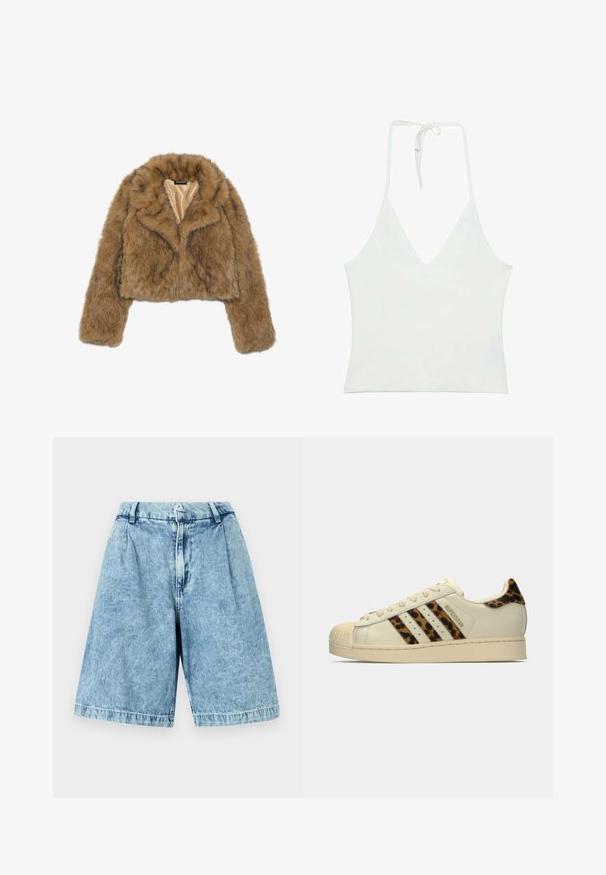 Veste courte en fausse fourrure marron avec des manches longues et un large col. L'intérieur est doublé d'un tissu lisse de couleur claire.; Débardeur blanc à col halter avec un décolleté en V profond. Fabriqué en tissu lisse et léger. Présente un lien ajustable à l'arrière.; Shorts en denim bleu clair avec une coupe décontractée, dotés d'une fermeture éclair à l'avant, de passants de ceinture et d'une texture légèrement délavée. Les bords ourlés complètent le design.; Baskets Adidas Superstar blanc cassé avec des rayures léopard et un onglet de talon, embout en caoutchouc beige, et le texte "SUPERSTAR" sur le côté.