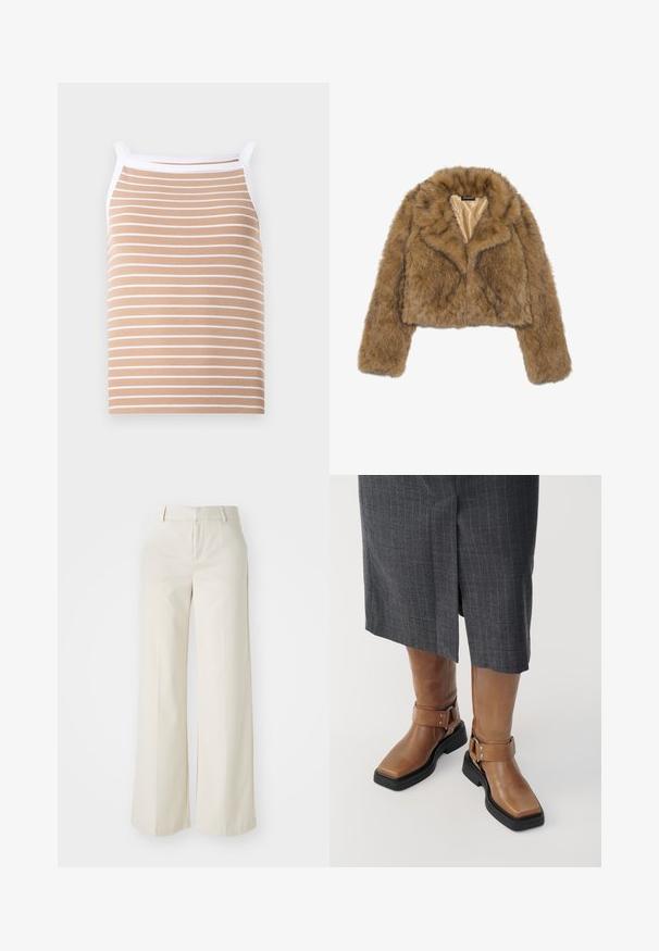 Ruskea tekoturkista valmistettu lyhyt takki, jossa on pitkät hihat ja leveä kaulus. Sisäosa on vuorattu sileällä, vaalealla kankaalla.; Beige toppi, jossa on ohuet valkoiset vaakasuorat raidat, valmistettu ribbikankaasta. Siinä on kapeat hihnat ja valkoinen reunus kaula-aukolla.; Tilavat housut vaaleassa beigeissä sävyissä, valmistettu sileästä kankaasta. Ominaisuuksina klassinen vyötäröosa ja litteä etuosa, joissa on puhtaat linjat.; Ruske nahkasaappaat polven korkeudelle suoralla varvalla, mustalla kumipohjalla ja säädettävällä soljella. Yhdistetty harmaaseen raitahameeseen.