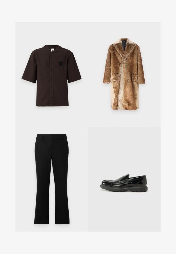 Han Kjøbenhavn LONG COAT - Cappotto invernale - wild brown; Camicetta corta marrone scuro con colletto alla cinese, chiusura a bottoni e logo ricamato sulla tasca sinistra del petto. Materiale in cotone, testurizzato.; Pantaloni neri a campana realizzati in tessuto misto cotone, caratterizzati da chiusura con bottone, passanti per cintura e una superficie liscia senza motivi visibili.; Mocassino in pelle nera con finitura lucida, punta arrotondata, dettagli di cucitura sottili e suola in gomma spessa per una maggiore durata.