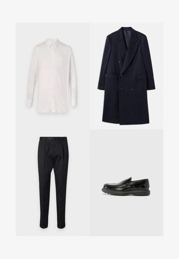 Cappotto doppiopetto navy con revers, realizzato in un materiale simile alla lana. Presenta bottoni neri e tasche frontali. Design minimalista.; Camicia bianca a maniche lunghe realizzata in tessuto morbido. Presenta un colletto classico, chiusura con bottoni e maniche con polsini, con un'attenzione al dettaglio minima.; Pantaloni neri realizzati in un tessuto liscio, con una piega sul davanti, chiusura con bottone e risvolti alla caviglia.; Mocassino in pelle nera con finitura lucida, punta arrotondata, dettagli di cucitura sottili e suola in gomma spessa per una maggiore durata.