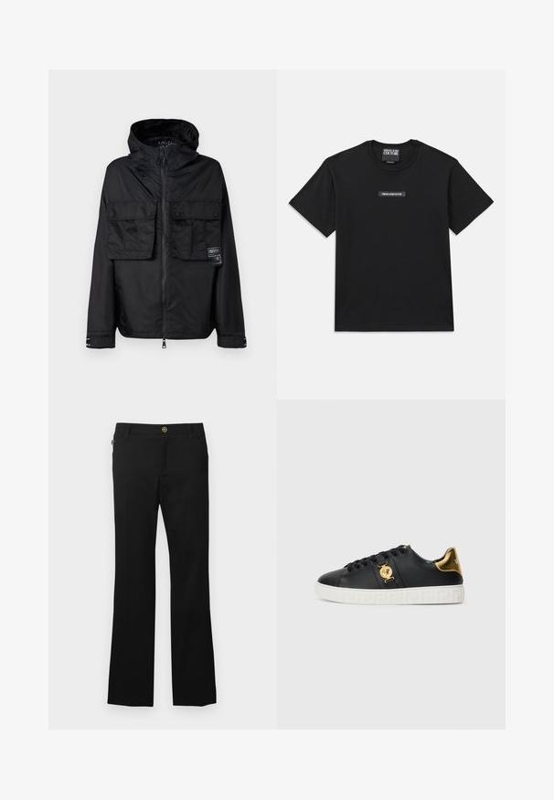 Juodas zip-up džemperis su kapišonu, turintis dvi priekinės krūtinės kišenes, etikete kairėje kišenėje ir lygiu, blizgiu paviršiumi.; Juodas trumpas rankovės marškinėlis, pagamintas iš medvilnės. Ant krūtinės yra stačiakampis logotipo etiketė su užrašu "VERSACE JEANS COUTURE" baltomis raidėmis.; Juodos kelnės iš medvilnės mišinio audinio, su tiesiomis kojų dalimis, priekinėmis kišenėmis ir auksine sagute juosmens srityje.; Juodas odinis sportinis batelis su auksiniais akcentais, logotipo dekoracija ir balta raštuota padais. Yra apvalūs raišteliai ir elegantiškas dizainas.