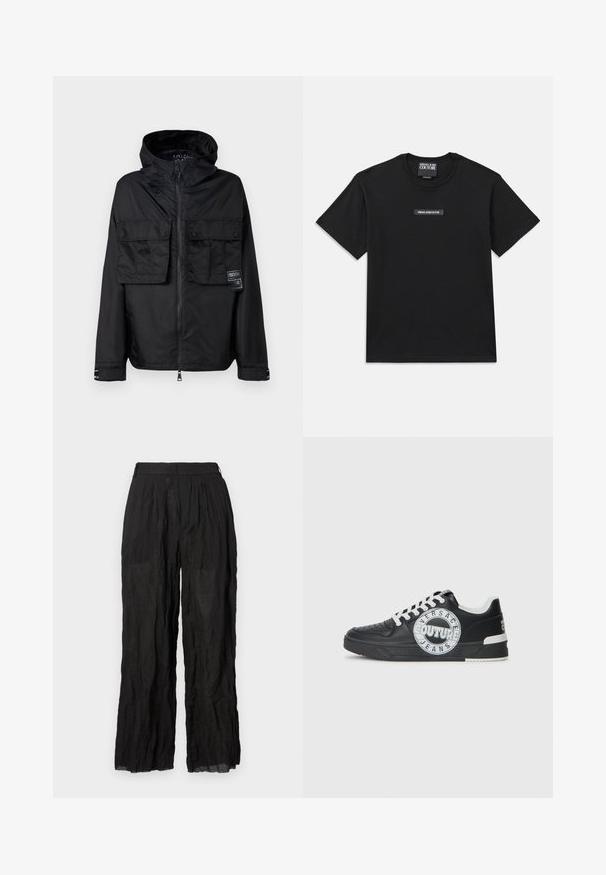 Cierna bunda na zips s kapucňou, s dvoma prednými vreckami na hrudi, etiketou na ľavom vrecku a hladkým, lesklým povrchom.; Čierne tričko s krátkym rukávom vyrobené z bavlny. Má obdĺžnikovú logo nálepku na hrudi s nápisom "VERSACE JEANS COUTURE" bielym textom.; Čierne široké nohavice z ľanovej tkaniny s textúrovaným povrchom. Majú elastický pás a jemné skladanie.; Čierne kožené tenisky s bielymi akcentmi, okrúhlym logom, perforovanou špičkou a kontrastnou podrážkou. Obsahujú biele šnúrky a značkovanie.