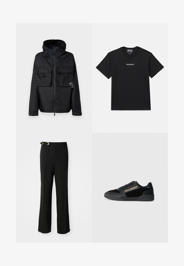Zwarte zip-up jas met een capuchon, met twee voorzakken op de borst, een label op de linker zak en een gladde, glanzende textuur.; Zwarte kortaf mouw t-shirt gemaakt van katoen. Heeft een rechthoekig logolabel op de borst met "VERSACE JEANS COUTURE" in witte tekst.; Zwarte broek met een getailleerde pasvorm, met een vlakke voorkant, riemlussen, een slanke silhouet en een gouden gespaccent op de riem.; Zwarte sneaker met een gladde leren afwerking en suède accenten. Beschikt over een low-top ontwerp, veters en gouden logo-details aan de zijkant.