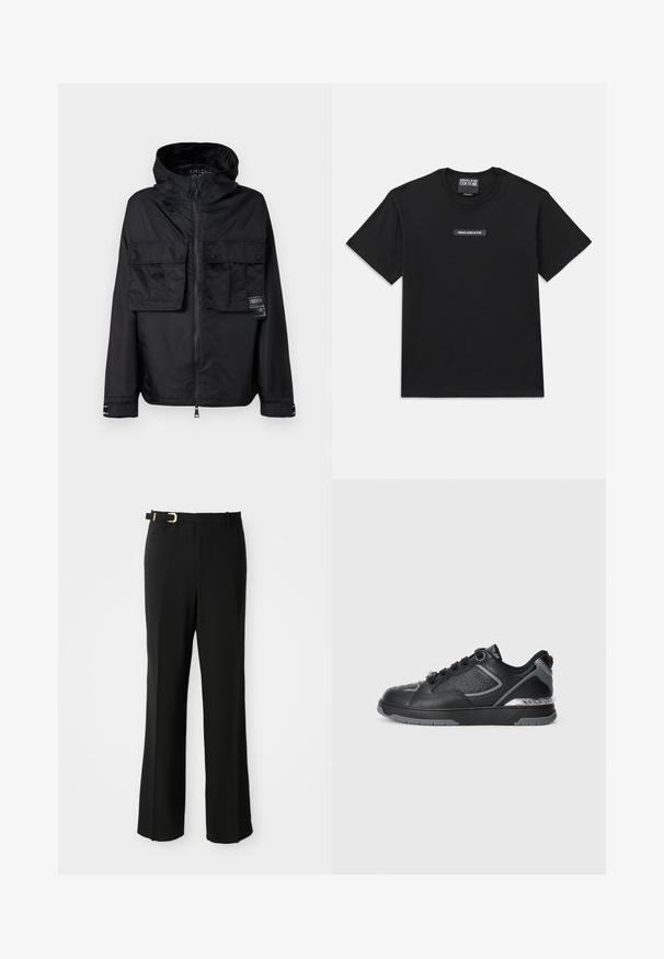 Czarna kurtka z zamkiem błyskawicznym i kapturem, z dwoma przednimi kieszeniami na piersi, metką na lewej kieszeni oraz gładką, błyszczącą fakturą.; Czarna koszulka z krótkim rękawem wykonana z bawełny. Posiada prostokątną metkę z logo na piersi z napisem "VERSACE JEANS COUTURE" w białym kolorze.; Czarne spodnie o dopasowanym kroju, z płaskim przodem, szlufkami na pasek, smukłą sylwetką oraz złotym akcentem na klamrze paska.; Czarne skórzane sneakersy z teksturowanymi detalami, srebrnymi akcentami, okrągłym noskiem oraz wzorzystą podeszwą środkową z logo. Zapięcie na sznurówki.