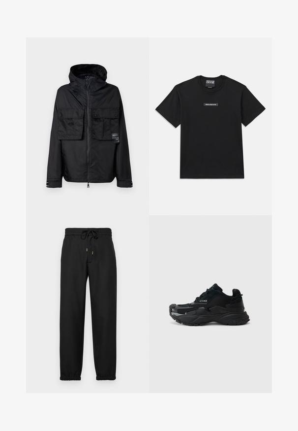 Črna zip-up jakna s kapuco, ki ima dva sprednja žepa na prsih, oznako na levem žepu in gladko, sijočo teksturo.; Črna kratka majica s kratkimi rokavi, narejena iz bombaža. Na prsih ima pravokotno oznako z logotipom z besedilom "VERSACE JEANS COUTURE" v beli barvi.; Črne trenirke iz mehkega blaga, z elastičnim pasom in vrvico, zožanima nogama in elastičnimi manšetami pri gležnjih.; Črne športne superge iz mrežaste in semiš materialov, z teksturirano podplatom, zaobljenim nosom in detajl s logotipom Versace na strani.