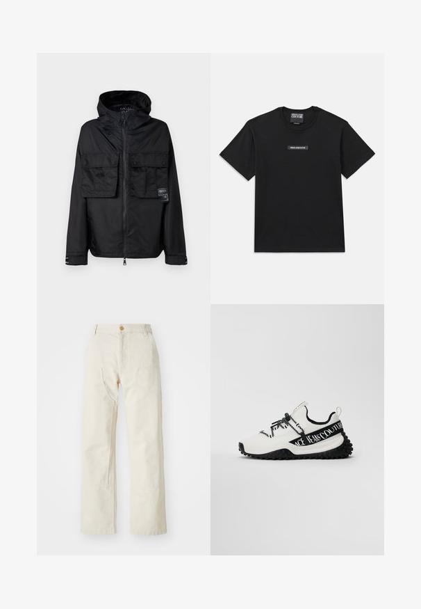 Zwarte zip-up jas met een capuchon, met twee voorzakken op de borst, een label op de linker zak en een gladde, glanzende textuur.; Zwarte kortaf mouw t-shirt gemaakt van katoen. Heeft een rechthoekig logolabel op de borst met "VERSACE JEANS COUTURE" in witte tekst.; Beige wijde broek van katoen, met een knoopsluiting, twee zijzakken en een rechte snit, met een gladde textuur.; Witte en zwarte low-top sneaker met een gestructureerde zool, zwarte veters en "Versace Jeans Couture" tekst op de zijband.