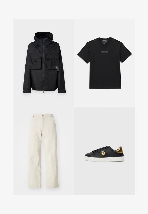 Jachetă neagră cu fermoar și glugă, având două buzunare frontale pe piept, un eticheta pe buzunarul stâng și o textură netedă, lucioasă.; Tricou scurt cu mânecă neagră, fabricat din bumbac. Dispune de un etichete rectangulară pe piept cu textul "VERSACE JEANS COUTURE" în alb.; Pantaloni largi bej, din bumbac, cu închidere prin nasture, două buzunare laterale și croială dreaptă, având o textură netedă.; Sneaker din piele neagră cu accente aurii, elemente de logo și talpă albă cu model. Dispune de șireturi circulare și un design elegant.