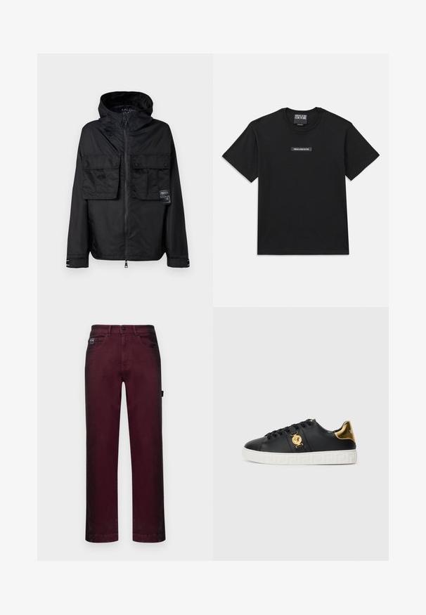 Chaqueta negra con cremallera y capucha, que cuenta con dos bolsillos delanteros en el pecho, una etiqueta en el bolsillo izquierdo y una textura lisa y brillante.; Camiseta de manga corta negra hecha de algodón. Presenta una etiqueta de logo rectangular en el pecho con "VERSACE JEANS COUTURE" en texto blanco.; Pantalones vaqueros burdeos con corte recto, cinco bolsillos, cierre de botón metálico y trabillas para cinturón para ajuste de tamaño.; Zapatilla de cuero negra con acentos dorados, ornamentación con el logo y suela blanca con patrón. Cuenta con cordones redondos y un diseño elegante.