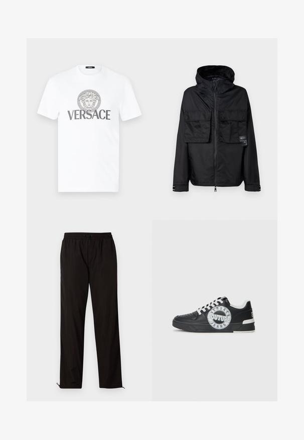 Black zip-up jacket with a hood, featuring two front chest pockets, a label on the left pocket, and a smooth, glossy texture.; White cotton t-shirt with a round neck, featuring a grey Greek key motif and a central printed Medusa emblem with "VERSACE" text underneath.; Black lightweight trousers with an elastic waistband, drawstring closure, and zippered hems for adjustable fit. Smooth, sleek texture.; Black leather sneakers with white accents, round logo detailing, perforated toe, and contrasting sole. Features white laces and branding.