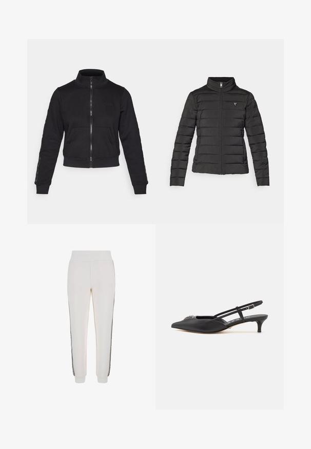Černá péřová bunda s vysokým límcem, zipovým uzávěrem, horizontálním prošíváním a malou nášivkou loga na levé části hrudníku.; Guess STACIE FULL ZIP SWEATSHIRT - Mikina na zip - jet black; Bílá krátkosrstá tričko s kulatým výstřihem, volný střih, vyrobené z měkké bavlněné tkaniny. Hladký povrch, bez vzorů nebo log.; Bílé tepláky vyrobené z měkké tkaniny, s přiléhavým pasem a černými bočními pruhy s logem na přední části.; Černé sandály s páskem za patou a špičatou špičkou, vyrobené z hladkého materiálu, se spodním podpatkem a dekorativním stříbrným akcentem na nártu.