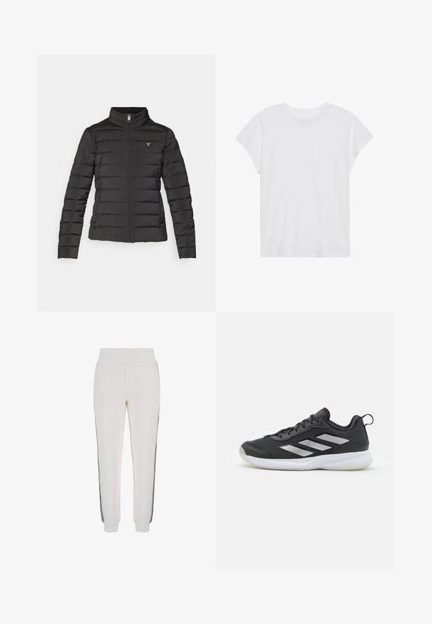 Mustat puhalletut takki, jossa on pystykaulus, vetoketjukiinnitys, vaakasaumat ja pieni logo-patch vasemmassa rinta-alueessa.; Valkoinen lyhythihainen t-paita, jossa on pyöreä kaula-aukko ja rento malli, valmistettu pehmeästä puuvillakankaasta. Suhteellisen sileä pinta, ilman kuvioita tai logoja.; Valkoiset juoksuhousut, jotka on valmistettu pehmeästä kankaasta. Niissä on ribbireunusvyötärö ja mustat sivusuunnat, joissa on logotieto edessä.; Musta urheilukenkä, jossa on hengittävä verkkomateriaali, heijastavat hopeiset yksityiskohdat ja pehmustettu valkoinen kumipohja. Nauhakiinnitys.