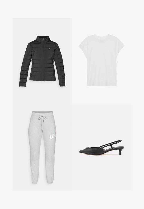 Juodas pūkinis švarkas su aukštu apykakle, užtrauktuku, horizontaliomis siūlėmis ir mažais logotipo ženkleliais kairiajame krūtinės srityje.; Balta trumpų rankovių marškinėliai su apvalia iškirpte, laisvo kirpimo, pagaminti iš minkštos medvilnės. Lygi tekstūra, be raštų ar logotipų.; Pilkos sportinės kelnės, pagamintos iš minkštos medžiagos, su elastinga juosmens juosta ir raišteliu. Yra šoninės kišenės ir DKN logotipas ant kairės kojos.; Juodi slingback batai su smailiu pirštu, pagaminti iš lygaus medžiagos, turintys mažą kulniuką ir dekoratyvų sidabrinį akcentą ant avikailio.