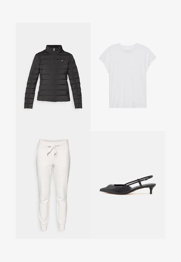 Zwarte gewatteerde jas met een staande kraag, ritssluiting, horizontale stiknaden en een klein logo-opdruk op de linker borst.; Witte t-shirt met korte mouwen, ronde hals, relaxte pasvorm, gemaakt van zacht katoen. Glad textuur, geen patronen of logo's.; Witte sweatpants van zachte stof, met een trekkoord in de taille, elastische boorden en twee zijzakken voor praktische doeleinden.; Zwarte slingback schoenen met een puntige neus, gemaakt van glad materiaal, met een kleine hak en een decoratieve zilverkleurige accent op de wreef.