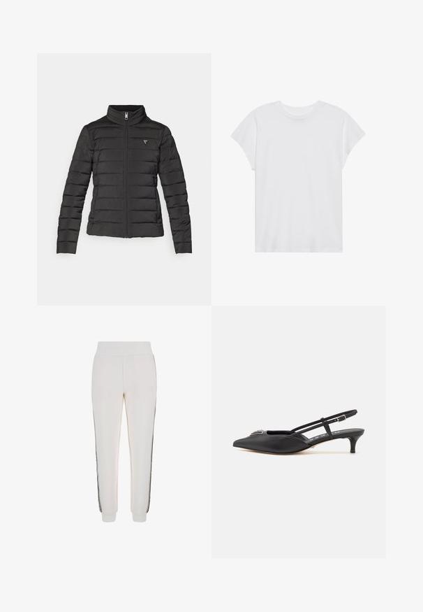 Črna puhovka s stoječim ovratnikom, zadrgo, vodoravnimi šivi in majhno logotipno nalepko na levi področju prsnega koša.; Bela kratka majica s kratkimi rokavi in okroglim izrezom, sproščenega kroja, izdelana iz mehkega bombažnega materiala. Gladka tekstura, brez vzorcev ali logotipov.; Beli jogger hlače iz mehke tkanine, z rebrastim pasom in črnima stranskima črtama ter logotipom na sprednji strani.; Črne slingback čevlje s koničastim nosom, izdelane iz gladkega materiala, z manjšim peto in dekorativnim srebrnim dodatkom na zgornjem delu.
