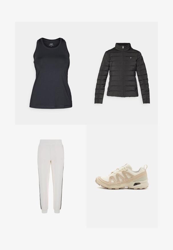 Jachetă neagră din puf, cu guler înalt, închidere cu fermoar, cusături orizontale și un mic patch cu logo în zona pieptului stâng.; Top sport negru, cu un design ajustat, fără mâneci, decolteu rotund și textură moale și netedă. Dispune de detalii subtile de cusătură.; Pantaloni de jogger albi dintr-un material moale, cu un tiv ribat și dungi negre pe laterale, având un detaliu cu logo în față.; Pantofii sport bej și crem au un superior din plasă texturată, suprapuneri de susținere și o talpă din cauciuc cu un model de profil pentru aderență.