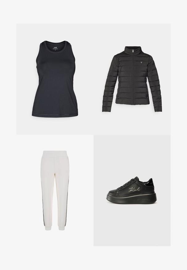 Musternatukind musta värvi, seisva kraega, tõmblukuga, horisontaalselt tikitud ja väike logopakk vasakul rinnal.; Mustika mustmoodne treeningtank-top, millel on sobiv disain, varrukateta lõige, ümmargune kaelus ja pehme, sile tekstuur. Omab peeneid õmblusdetailide. ; Valged jogger-püksid, mis on valmistatud pehmest kangast, ribiga vöökoha ja mustade külgtriipudega ning esiküljel logodetailiga.; Mustad mustad sneakerid, millel on sile nahkpind, tasased paelad ja brodheeritud "Karl" logo külje peal. Ümmargune varvas ja paks tald.