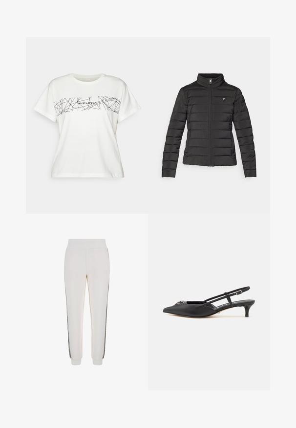 Čierna nadýchaná bunda s vyvýšeným golierom, zipsom, horizontálnym prešívaním a malou logovú nášivkou na ľavej hrudi.; Biele tričko s krátkym rukávom vyrobené z bavlny, s čiernym geometrickým dizajnom a textom "Mizuno" na hrudi. Štandardný strih, okrúhly výstrih.; Biele jogger nohavice vyrobené z mäkkej látky, s rebrovaným pásom a čiernymi bočnými pruhmi s detailom loga vpredu.; Čierne slingback topánky s ostrou špičkou, vyrobené z hladkého materiálu, so malým podpätkom a dekoratívnym strieborným akcentom na priehlavku.