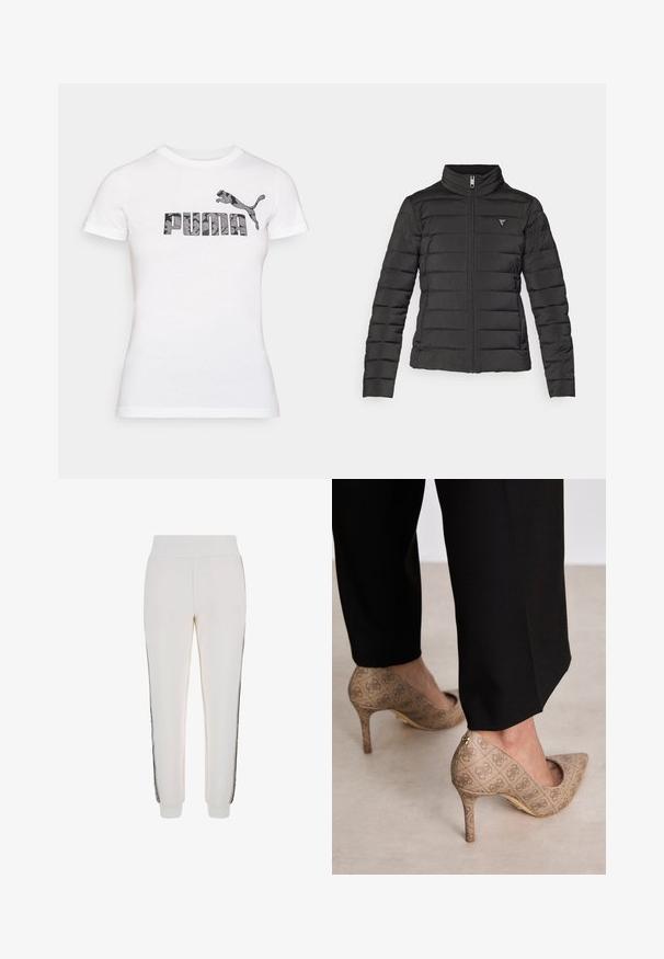 Črna puhovka s stoječim ovratnikom, zadrgo, vodoravnimi šivi in majhno logotipno nalepko na levi področju prsnega koša.; Bela bombažna majica s kratkimi rokavi, ki ima črno-sivo kamuflažno "PUMA" logotip z grafikami skočnega pume nad besedilom. Ovratnik je krogen.; Beli jogger hlače iz mehke tkanine, z rebrastim pasom in črnima stranskima črtama ter logotipom na sprednji strani.; Bež čevlji na visokem petem z teksturirano tkanino, ki ima ponavljajoč vzorec. Oblika z ostrim nosom z zadaj poudarjenim delom in zlatim podplatom.