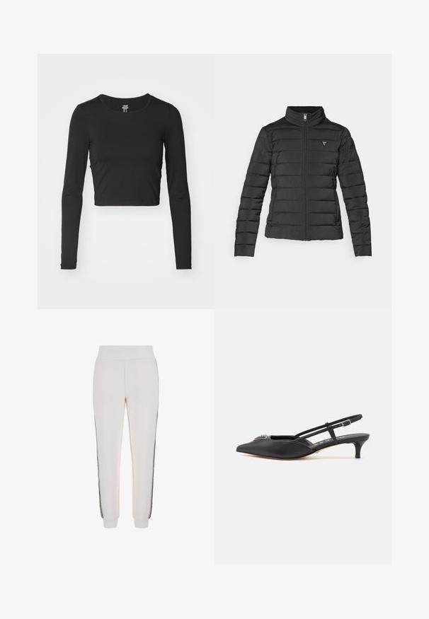 Sort pufferjakke med opretstående krave, lynlås lukning, vandret syninger og et lille logo på venstre brystområde.; Sort langærmet cropped top lavet af glat, strækbart stof. Har en rund halsudskæring og en tætsiddende pasform med minimale syninger.; Hvide joggingbukser lavet af blødt stof, med en ribbet talje og sorte sidestriber samt logo-detaljer på forsiden.; Sorte slingback-sko med spids tå, lavet af glat materiale, med en lille hæl og en dekorativ sølvaccent på vamps.