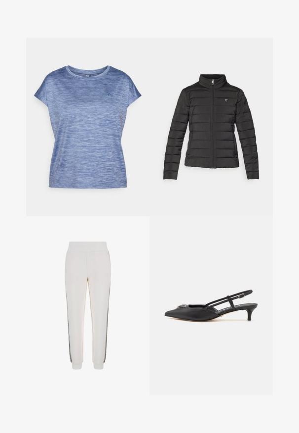 Čierna nadýchaná bunda s vyvýšeným golierom, zipsom, horizontálnym prešívaním a malou logovú nášivkou na ľavej hrudi.; ONLY Play ONPAUB-CORE LIFE ON SS LOOSE BAT TEE - Športové tričko - vintage indigo; Biele jogger nohavice vyrobené z mäkkej látky, s rebrovaným pásom a čiernymi bočnými pruhmi s detailom loga vpredu.; Čierne slingback topánky s ostrou špičkou, vyrobené z hladkého materiálu, so malým podpätkom a dekoratívnym strieborným akcentom na priehlavku.