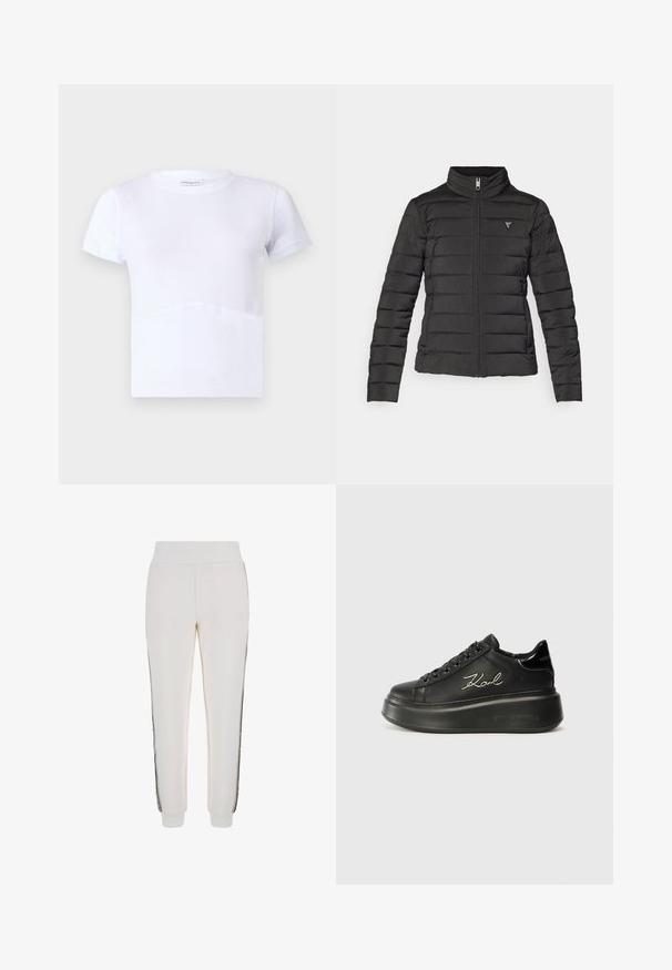 Črna puhovka s stoječim ovratnikom, zadrgo, vodoravnimi šivi in majhno logotipno nalepko na levi področju prsnega koša.; Bela majica s kratkimi rokavi iz bombaža, okrogla izrez, gladka tekstura, z diskretnim ukrivljenim šivom na sprednjem delu.; Beli jogger hlače iz mehke tkanine, z rebrastim pasom in črnima stranskima črtama ter logotipom na sprednji strani.; Črne platformske superge z gladkim usnjenim zgornjim delom, ravnimi vezalkami in vezanim logotipom "Karl" na strani. Okrogla špica in debel podplat.