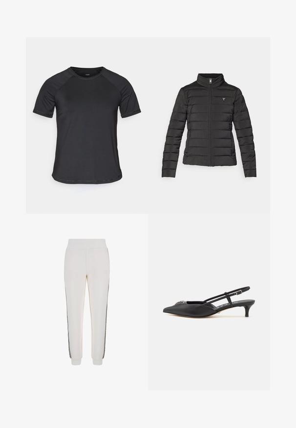 Jaqueta puffer preta com gola alta, fecho de correr, costura horizontal e um pequeno emblema na área do peito esquerdo.; Camisola atlética preta de manga curta com mangas raglan, textura suave e decote redondo. Apresenta costuras detalhadas e um corte descontraído.; Calças de jogging brancas feitas de tecido suave, com um cós canelado e riscas laterais pretas, apresentando um detalhe de logótipo na parte frontal.; Sandalias pretas com calcanhar aberto e bico fino, feitas de material liso, com um pequeno salto e um detalhe prateado decorativo no peito do pé.