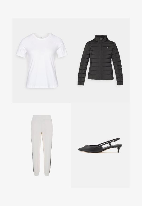 Črna puhovka s stoječim ovratnikom, zadrgo, vodoravnimi šivi in majhno logotipno nalepko na levi področju prsnega koša.; Bela majica s kratkimi rokavi, izdelana iz mehkega bombažnega blaga, z okroglo ovratnico in raglan rokavi, gladka tekstura brez vzorčev.; Beli jogger hlače iz mehke tkanine, z rebrastim pasom in črnima stranskima črtama ter logotipom na sprednji strani.; Črne slingback čevlje s koničastim nosom, izdelane iz gladkega materiala, z manjšim peto in dekorativnim srebrnim dodatkom na zgornjem delu.