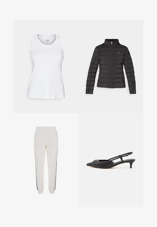 Juodas pūkinis švarkas su aukštu apykakle, užtrauktuku, horizontaliomis siūlėmis ir mažais logotipo ženkleliais kairiajame krūtinės srityje.; Balta beisblaučio rankovių viršutinė dalis, pagaminta iš lengvos, glotnios medžiagos. Savybės apvalus kaklo iškirpimas ir laisvas kirpimas, puikiai tinkanti aktyviam dėvėjimui.; Baltos kelnės, pagamintos iš minkštos medžiagos, turi gumuotą juosmenį ir juodas šonines juostas su logotipo detale priekyje.; Juodi slingback batai su smailiu pirštu, pagaminti iš lygaus medžiagos, turintys mažą kulniuką ir dekoratyvų sidabrinį akcentą ant avikailio.