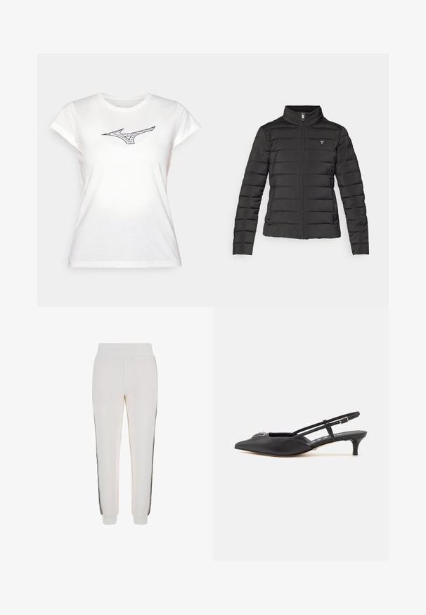 Sort pufferjakke med opretstående krave, lynlås lukning, vandret syninger og et lille logo på venstre brystområde.; Hvid bomulds T-shirt med korte ærmer, der har et sort linjekunstdesign af et logo på brystet. Klassisk rund halsudskæring, blød tekstur.; Hvide joggingbukser lavet af blødt stof, med en ribbet talje og sorte sidestriber samt logo-detaljer på forsiden.; Sorte slingback-sko med spids tå, lavet af glat materiale, med en lille hæl og en dekorativ sølvaccent på vamps.