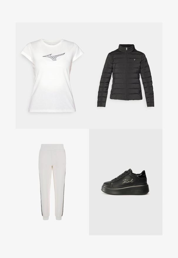 Sort pufferjakke med opretstående krave, lynlås lukning, vandret syninger og et lille logo på venstre brystområde.; Hvid bomulds T-shirt med korte ærmer, der har et sort linjekunstdesign af et logo på brystet. Klassisk rund halsudskæring, blød tekstur.; Hvide joggingbukser lavet af blødt stof, med en ribbet talje og sorte sidestriber samt logo-detaljer på forsiden.; Sorte platform sneakers med en glat læderoverdel, flade snørebånd og broderet "Karl" logo på siden. Rundet tå og tyk sål.