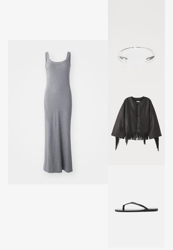 Melna ādas kroptā jaka ar platām piedurknēm, ar priekšējo auklu aizdari un frillēm ap apakšu un piedurknēm.; Pelēks bezpiedurkņu maksi kleita, izgatavota no maiga, elastīga auduma. Tam ir apaļa kakla forma un pieguļoša siluets, kas stiepjas līdz potītei.; Melnas čībiņas ar minimālistisku dizainu, kas aprīkotas ar plānām siksnām un plakanām zolem. Materiāls izskatās pēc plastmasas ar gludu tekstūru.; Sudraba aproce ar gludu, minimālistisku dizainu un sašaurinātiem galiem. Virsma ir pulēta un ar vienotu formu.