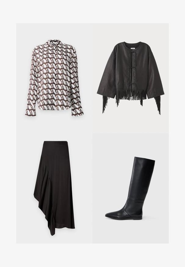 Čierna kožená skrátená bunda s širokými rukávmi, so šnurovaním na prednej strane a strapcami pozdĺž spodného okraja a rukávov.; Dlhý rukáv košele v bielej farbe s hnedým abstraktným vzorom. Obsahuje golier a zapínanie na gombíky. Hladká tkanina s voľným strihom.; AERON ASTER SKIRT - Puzdrová sukňa - black; Čierna kožená čižma po kolená s špicatou špičkou a minimalistickým dizajnom. Hladký povrch a plochá podrážka, s diskrétnymi bočnými švami.