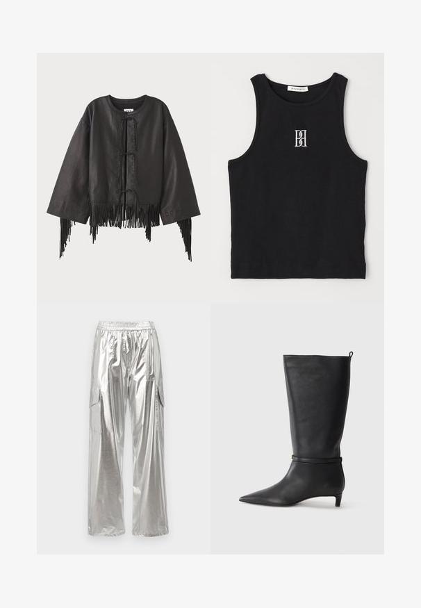 Černá kožená zkrácená bunda s širokými rukávy, která má přední šněrování a třásně podél lemů a rukávů.; Černý žebrovaný top bez rukávů s kulatým výstřihem a vyšívaným logem v bílé barvě. Materiál má hladkou texturu a těsný střih.; MCM METALLIC PANTS - Kapsáče - silver; Černé kožené kozačky ke kolenům s špičatou špičkou, zdobené kulatým páskem kolem kotníku a nízkým, zužujícím se podpatkem. Hladký povrch.