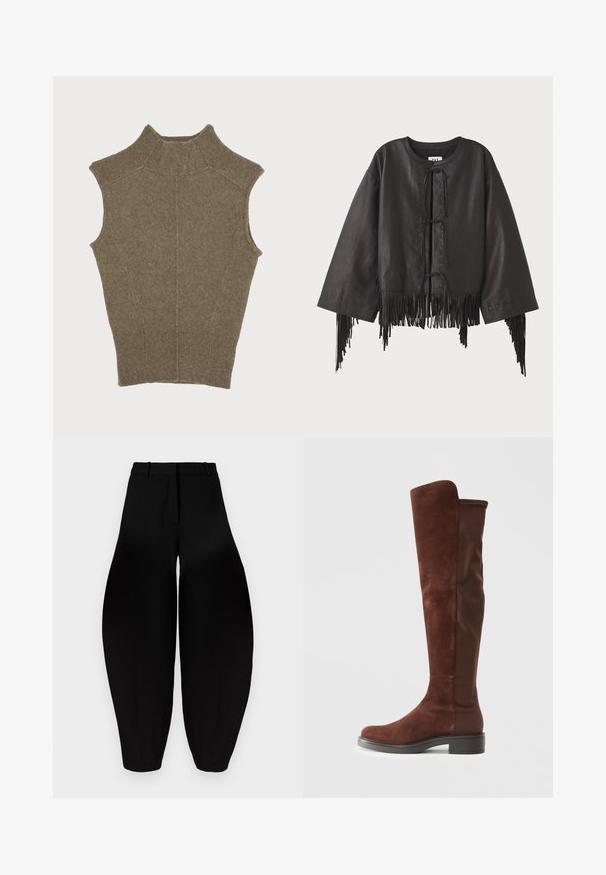 Melna ādas kroptā jaka ar platām piedurknēm, ar priekšējo auklu aizdari un frillēm ap apakšu un piedurknēm.; Brūna bezpiedurkņu adīta blūze ar augstu apkakli, kam ir ribota tekstūra un vertikālas šuves, nodrošinot pieguļošu siluetu.; Melnbra plaša kāju bikses ar augstu jostasvietu, gludu priekšpusi un sašaurinātiem potītes daļām. Izgatavotas no gludas auduma ar matētu apdari.; Augstas brūnas zamšā un audumā izgatavotas zābakus ar zemu melnu papēdi un noapaļotu purngalu, attēlotas sānos uz vienkrāsu baltā fona.