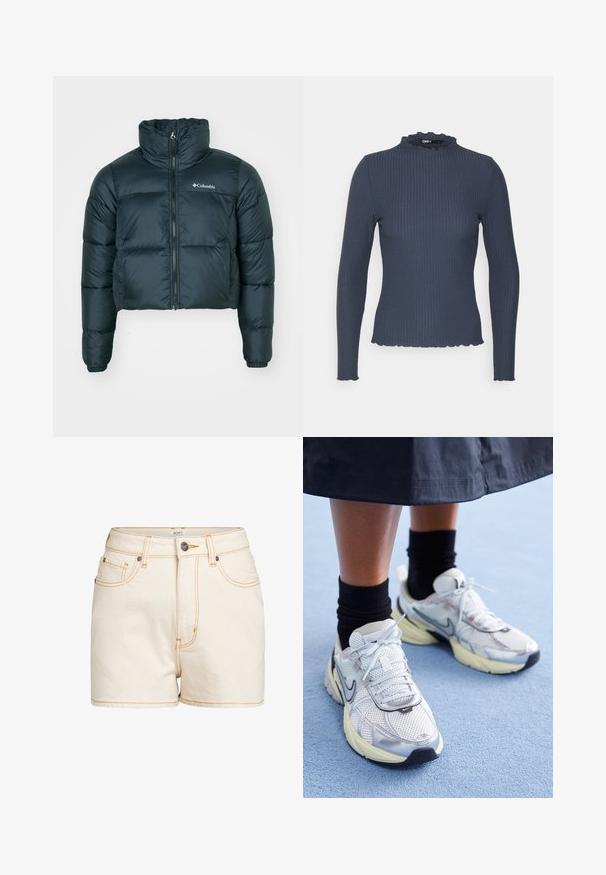 Dark green, cropped puffer jacket with high collar, full zipper, and elastic cuffs. Features a logo on the left chest and quilted texture.; Navy long-sleeve top in ribbed texture. Features a high neckline with a scalloped edge and a slim fit design.; Beige denim shorts with a high waist, featuring contrasting yellow stitching, front pockets, and a branded metal button closure.; White and silver Nike sneakers with mesh fabric, reflective accents, and a beige sole. Worn with black socks, standing on a blue surface.