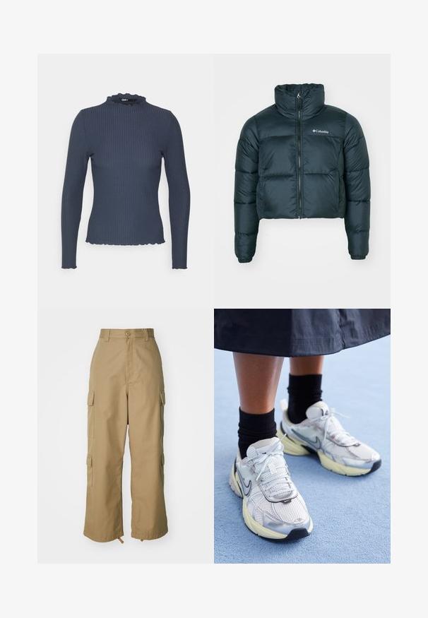 Casaco corta-vento acolchoado verde-escuro, com gola alta, fecho de correr completo e punhos elásticos. Apresenta um logótipo no lado esquerdo do peito e textura matelassada.; Top de mangas longas em tom azul-marinho com textura acolchoada. Apresenta um decote alto com borda em ondas e um design ajustado.; Calças cargo bege com uma cintura alta, pernas largas e quatro grandes bolsos laterais. Feitas de um tecido resistente com uma textura suave e minimalista.; Sapatilhas Nike brancas e prateadas com tecido em malha, detalhes refletivos e sola bege. Usadas com meias pretas, de pé sobre uma superfície azul.