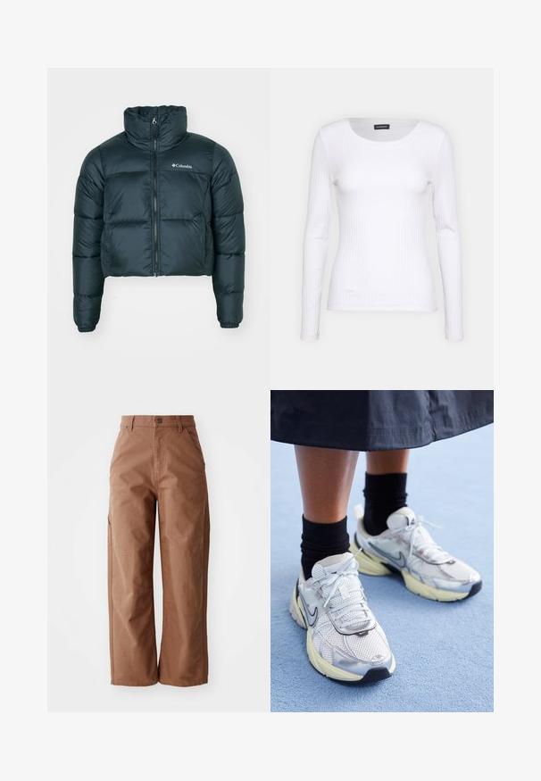 Jachetă puffer verde închis, scurtă, cu guler înalt, fermoar complet și manșete elastice. Prezintă un logo pe partea stângă a pieptului și o textură matlasată.; Top alb cu dungi, cu mânecă lungă și guler rotund. Fabricat dintr-un material elastic care se îmbină cu corpul. Are linii orizontale subtile.; Pantaloni maro cu picioare largi, confecționați dintr-un material rezistent. Au un talie înaltă, buzunare în față și detalii de cusătură subtile.; Adidași Nike albi și argintii, cu material din plasă, accente reflexive și talpă bej. Purtați cu șosete negre, stând pe o suprafață albastră.
