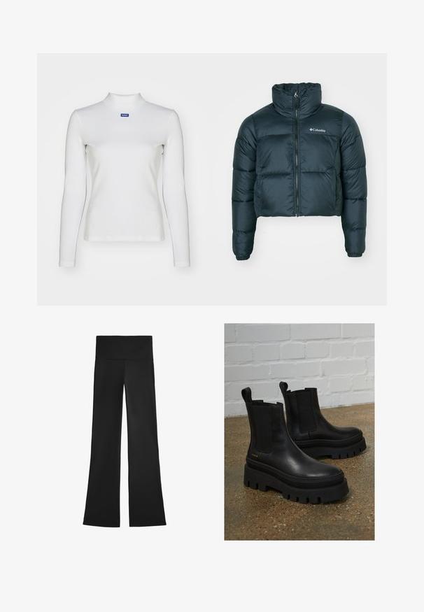 Mørkegrøn, cropped pufferjakke med høj krave, fuld lynlås og elastiske manchetter. Har et logo på venstre bryst og quiltet struktur.; Hvid langærmet turtleneck-top lavet af strækstof, med en tætsiddende design og et lille blåt logo på brystet.; Sorte flared bukser lavet af strækbart stof, med høj talje og glat tekstur, uden synlige mønstre eller hardware-detaljer.; Sort læder ankelstøvler med elastiske sidepaneler, tykke sorte platformssåler og syninger, der har en løftesanordning for nem påtagning.